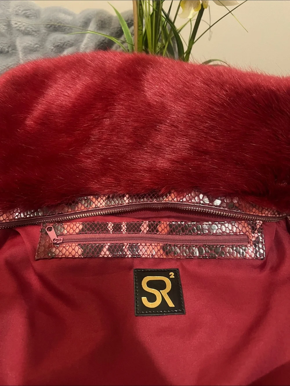 SR Sondra Roberts Deep Red Faux Fur Hobo with Logo Charm NWT retail $132
